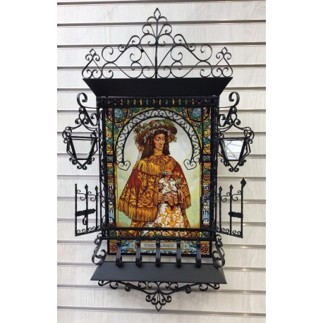 Capilla forja con cancel y faroles con azulejo virgen del rocio 28x42 cm